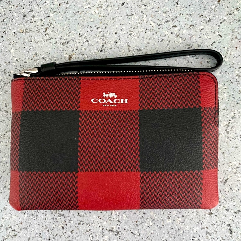 Authentic Coach Corner Zip Wristlet With Buffalo Plaid Print